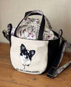 チワワの小さめマルシェバッグ ミシン刺繍 作品 犬